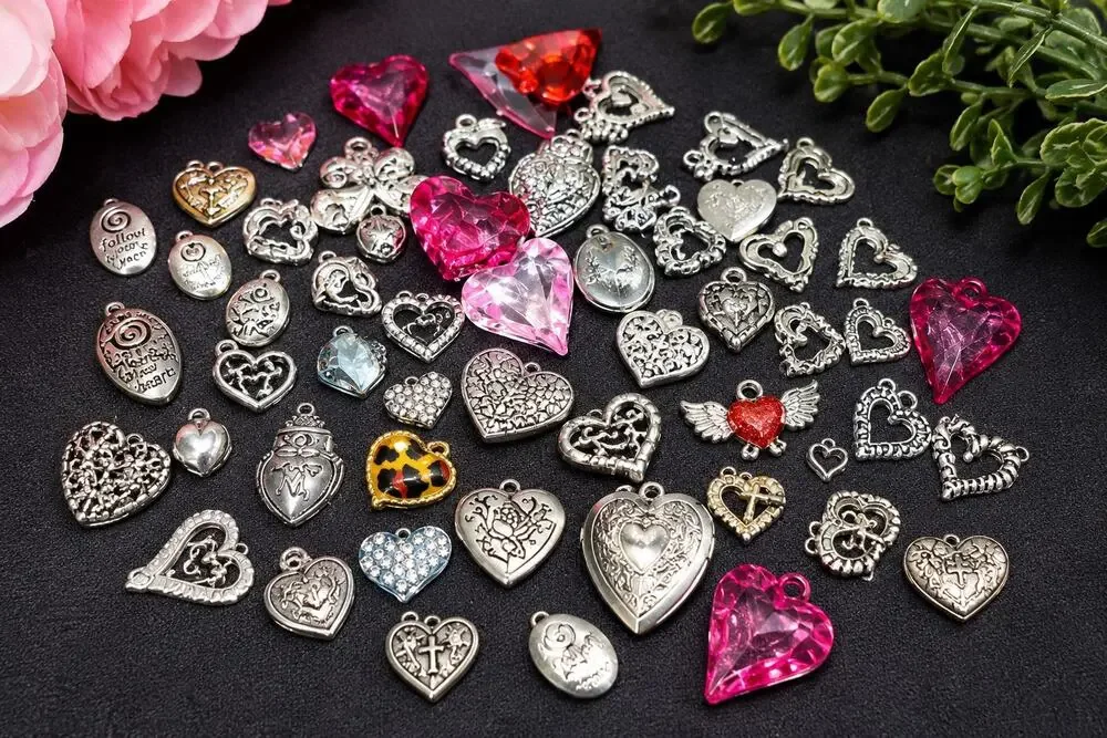 Lot of 46 Heart Love Charms Pendants Pink Silver Rhinestone Acrylic Jewelry Make